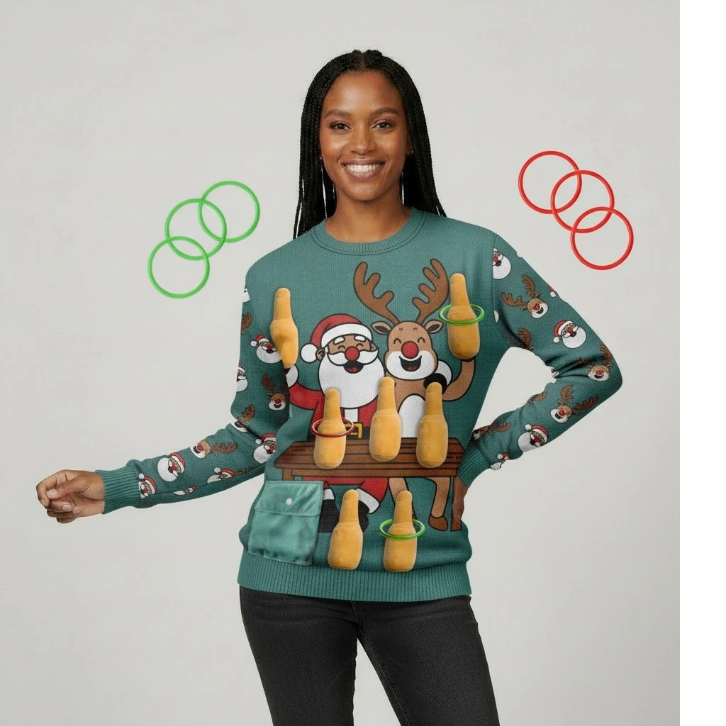 Pull de Noël humoristique avec jeu d’anneaux Père Noël et renne