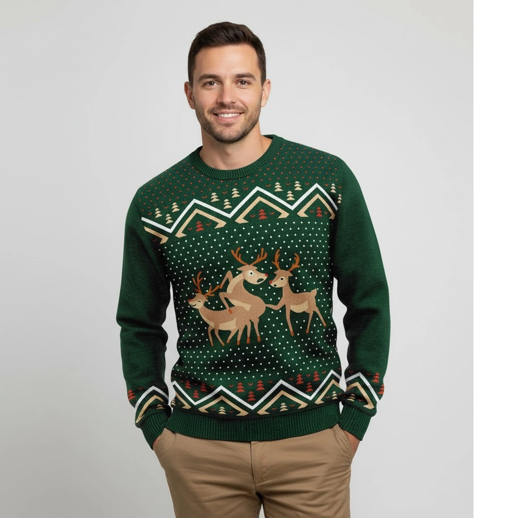 Pull de Noël humoristique vert avec rennes — look porté