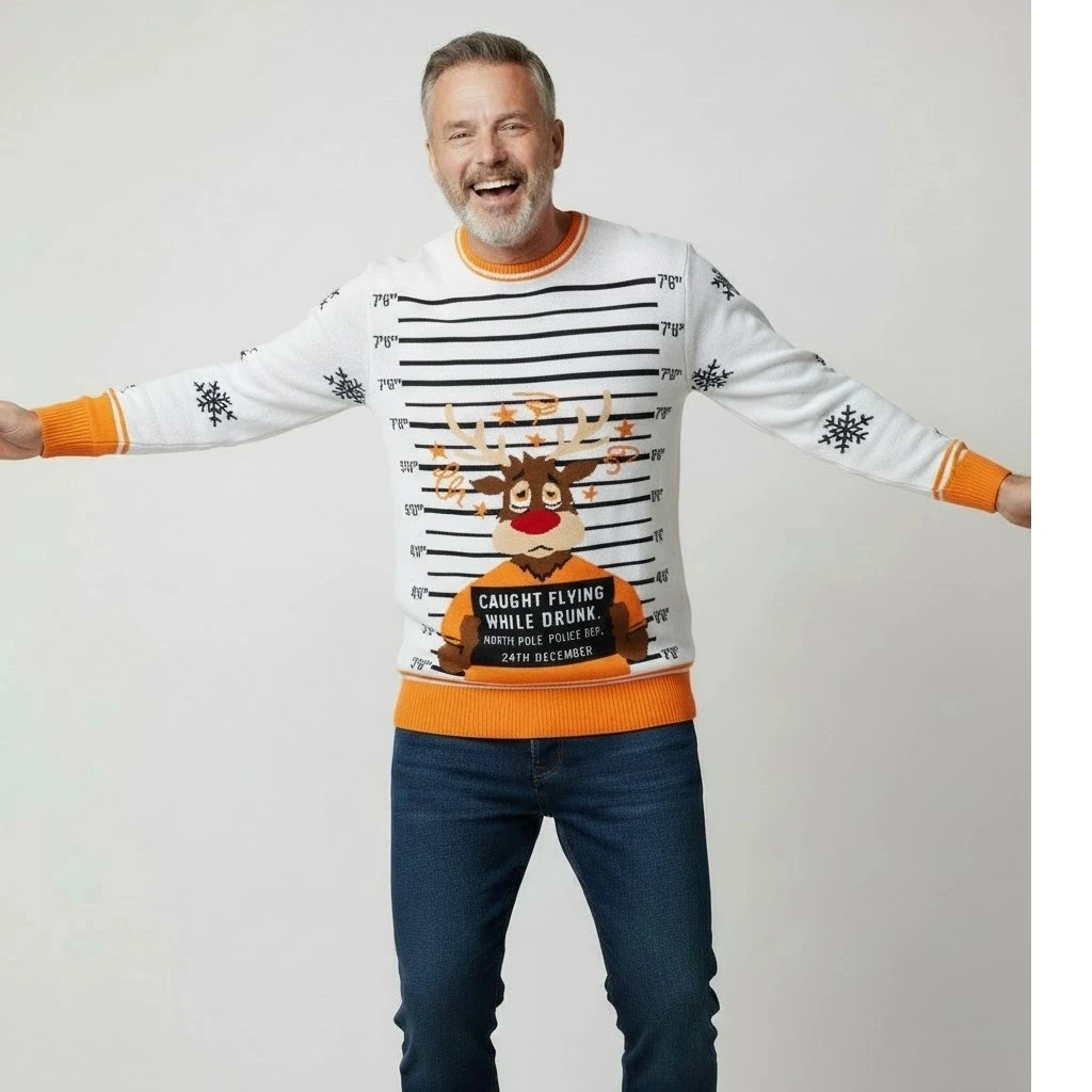 Pull de Noël humoristique Rudolph en garde à vue — rayures blanches et orange